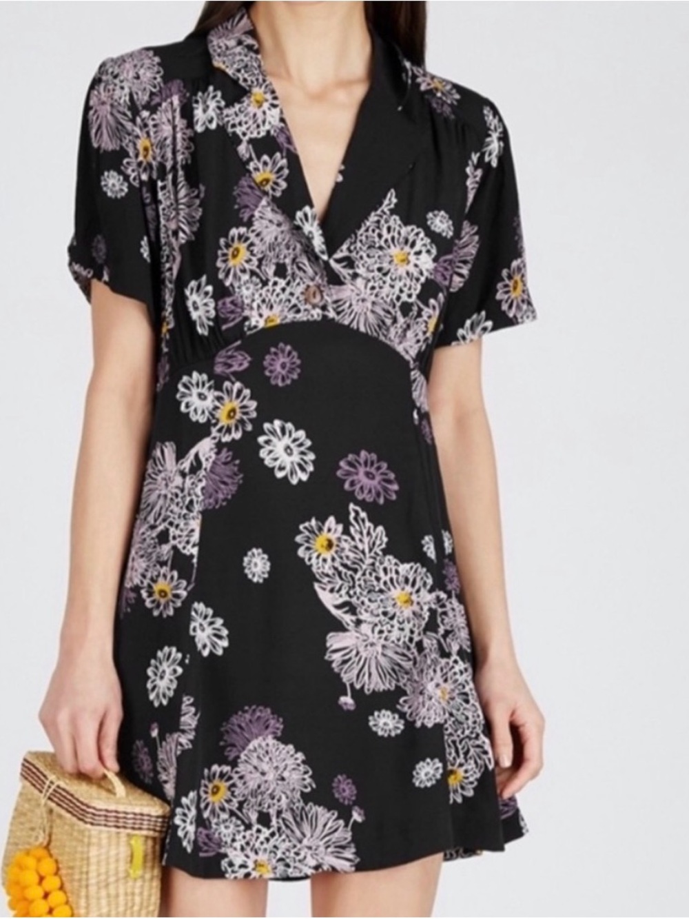 Free People Black Floral V-Neck Mini Dress Blue Hawaii - Small